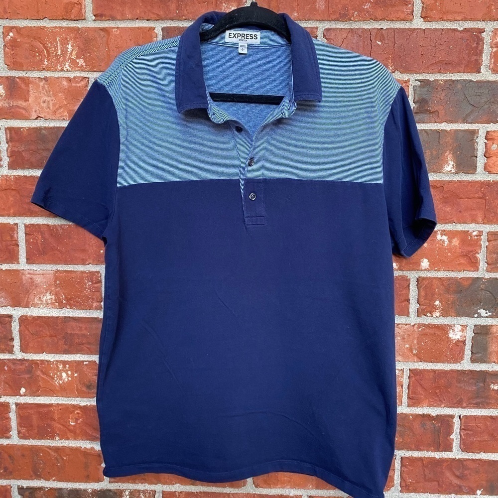 Express Mens Large Blue Collar Polo Short Sleeve Casual Shirt Colorblock